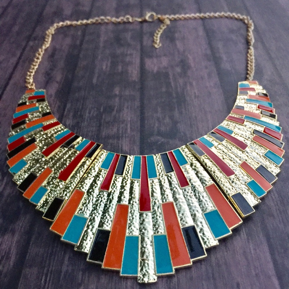 Modern Industrial Enamel Shield Bib Necklace